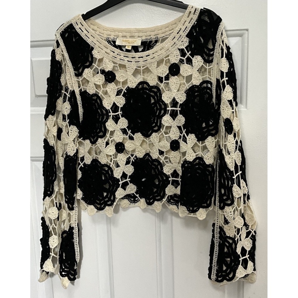 REBELLION Black/White Long Sleeve Business/Party Crocheted Sweater Women's XL